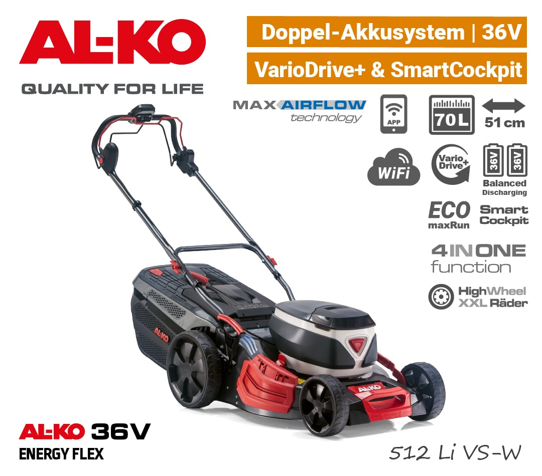 ALKO 512 Li VS W Akku-Rasenmäher 36V EnergyFlex 40V Vario-Antrieb selbstfahrend 4-in-1 EU9