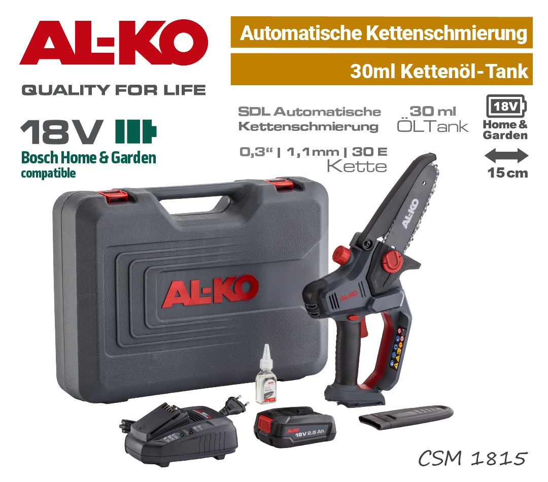 ALKO CSM 1815 Akku-Mini-Kettensäge Motorsäge 18V Bosch Home & Garden Power-For-All EU9