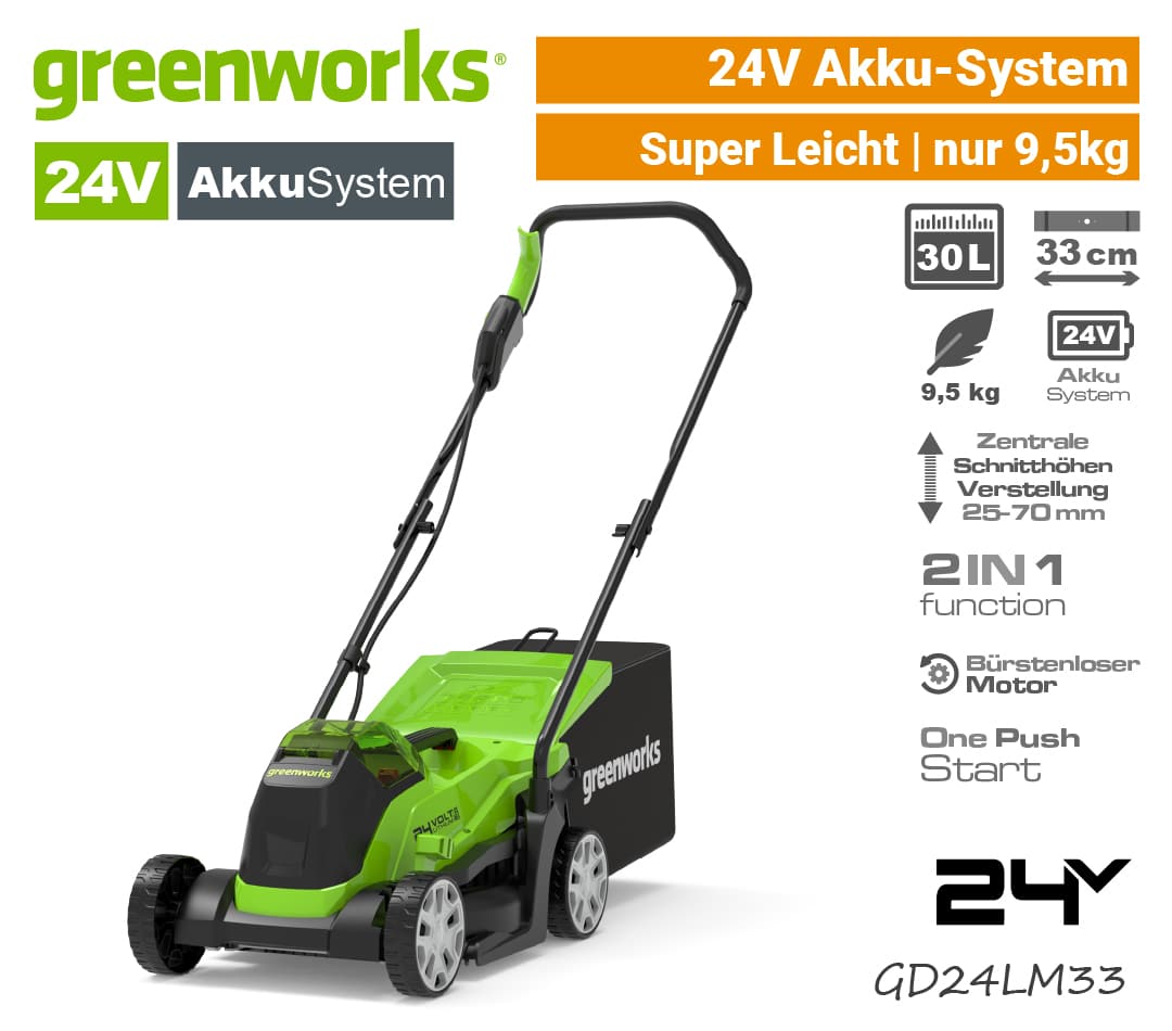 Greenworks 24V Akku-Rasenmäher GD24LM33 GD24LM33K2 Mäher EU9