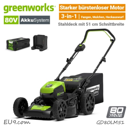 Greenworks 80V GD80LM51 Akku-Rasenmäher 80 Volt 51 cm EU9
