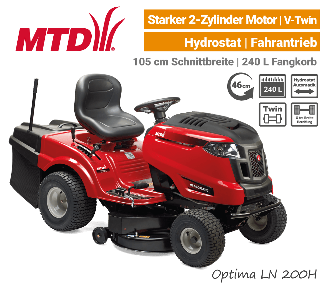 MTD Optima LN 200 H Hydrostat 2-Zylinder V-Twin Rasentraktor Aufsitzmäher mit Fangkorb EU9
