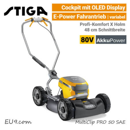 Stiga MultiClip PRO 50 S AE OLED 80V Akku-Mulchmäher-Rasenmäher Rad-Antrieb 80-Volt EU9