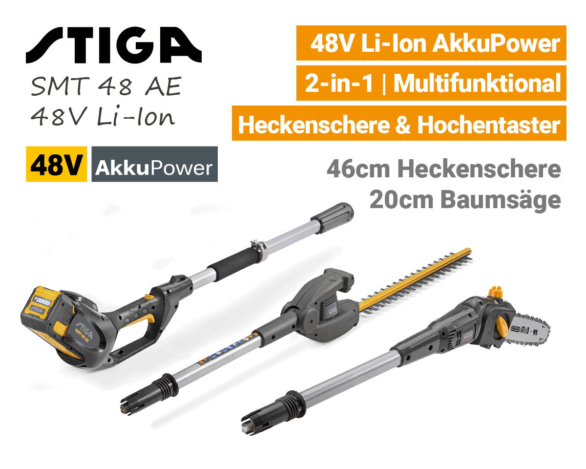 Stiga SMT 48 AE 48V Akku-MultiTool Akku-Heckenschere Akku-Hochentaster-Baumsäge 48 Volt EU9