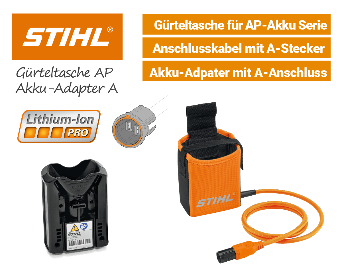 Stihl Akku-Gürteltasche Orange mit A-Stecker und Akku-Adapter AP Li-Ion Pro EU9