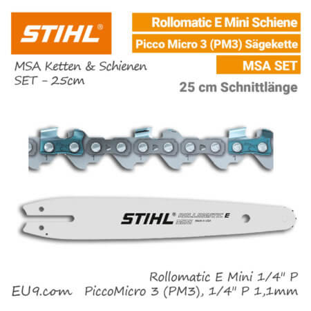 Stihl Rollomatic E-Mini 1/4 P Schiene - Picco Micro 3 PM3 1/4 1,1mm Kette 25cm MSA Schwert-Ketten SET EU9