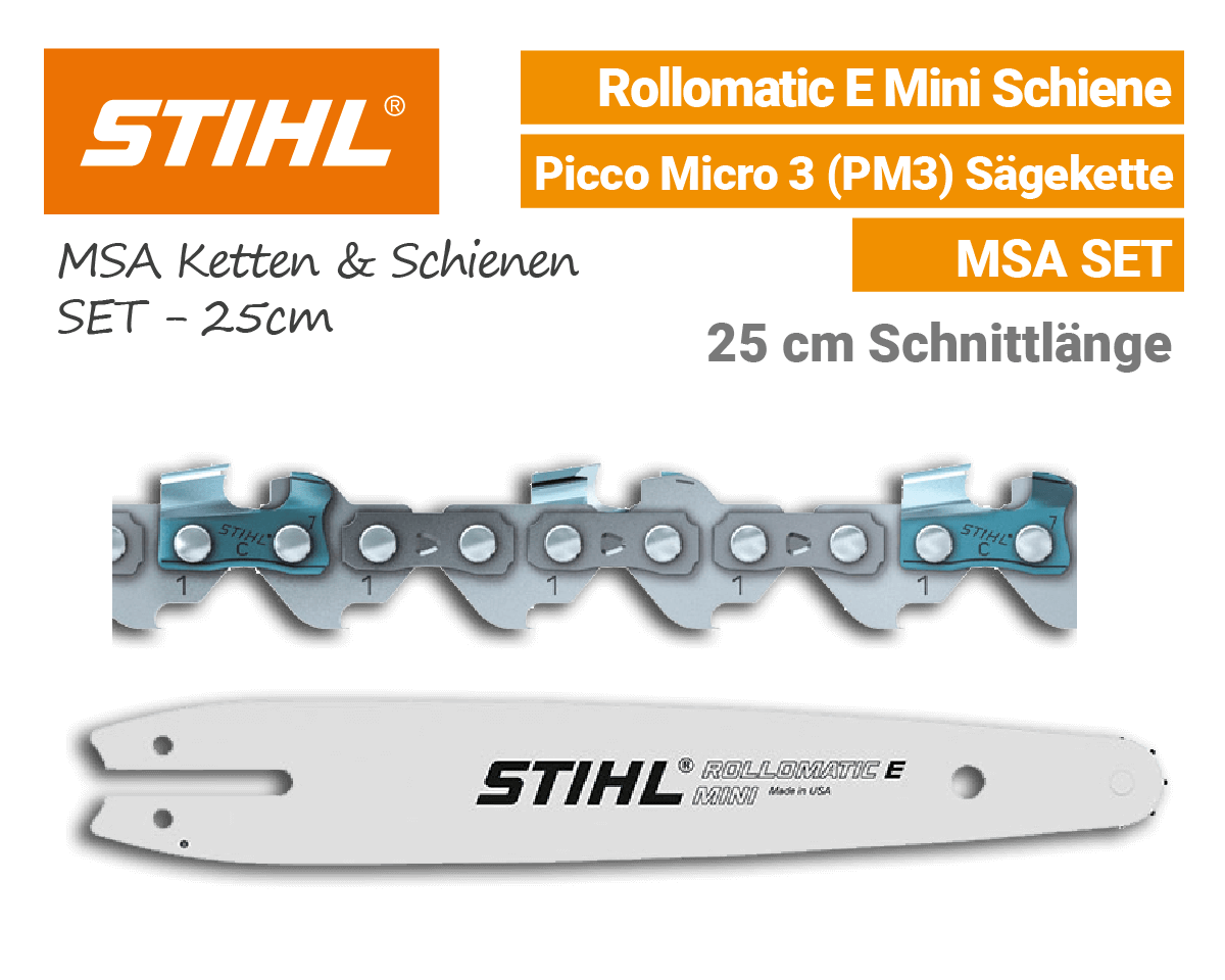 Stihl Rollomatic E-Mini 1/4 P Schiene - Picco Micro 3 PM3 1/4 1,1mm Kette 25cm MSA Schwert-Ketten SET EU9